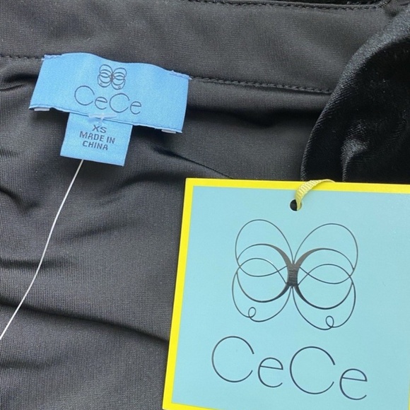 NEW CECE Black Short Puff Sleeve Velour Blouse Top Square Neck - Picture 4 of 6